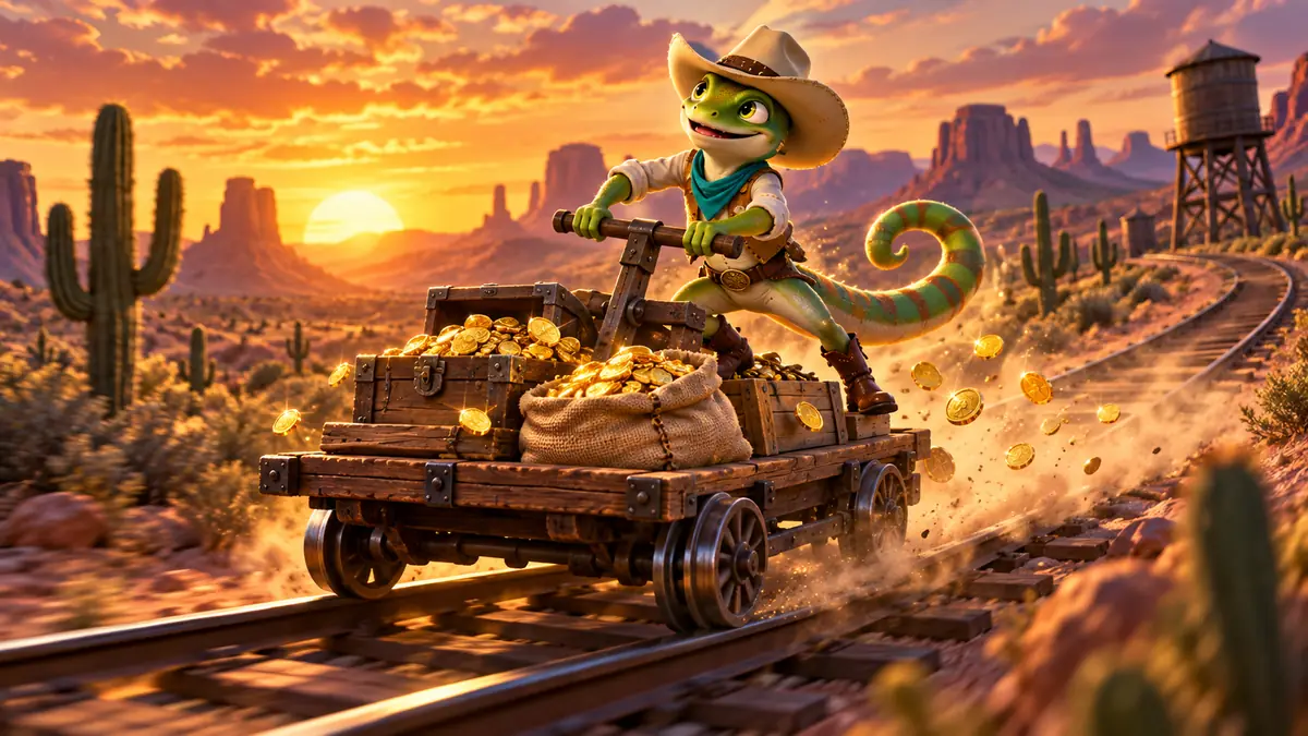 Open treasure chest of gold coins on a frontier wagon