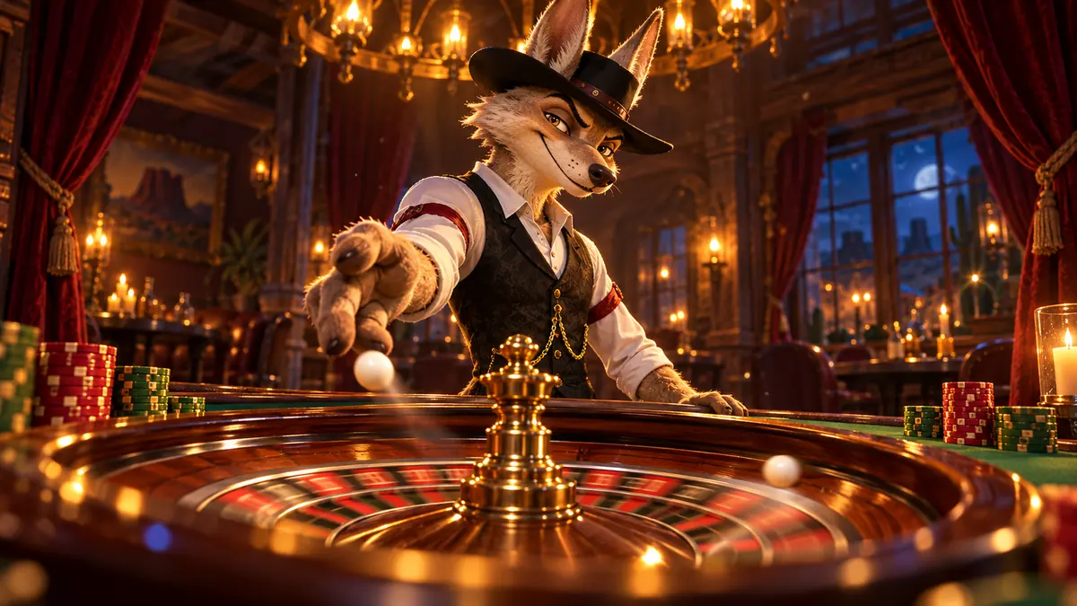 Top-down view of a green felt card table with a coyote dealer