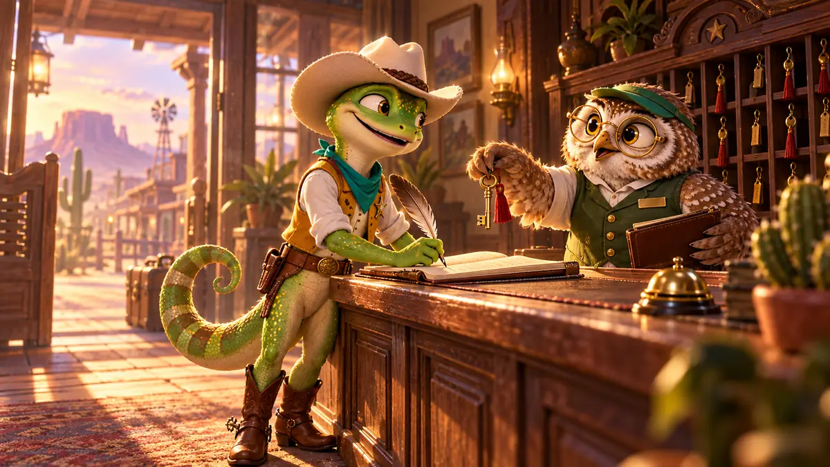 Armadillo cowboy pushing open the swinging doors of a saloon