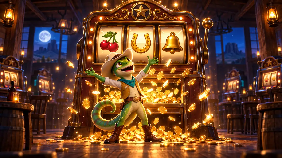 Armadillo cowboy pulling the lever of a vintage slot machine in a saloon