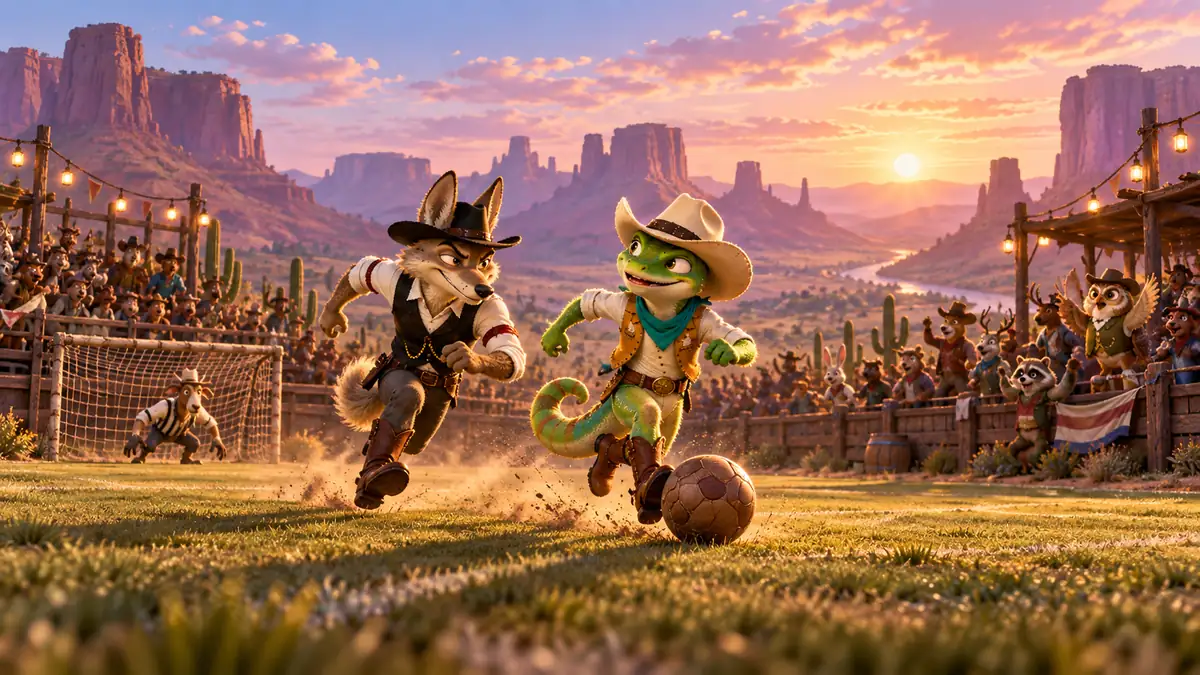 Armadillo cowboy kicking a football across a canyon pitch
