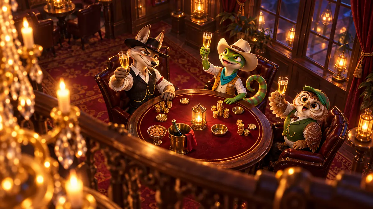 Armadillo, coyote and owl toasting in a private saloon lounge